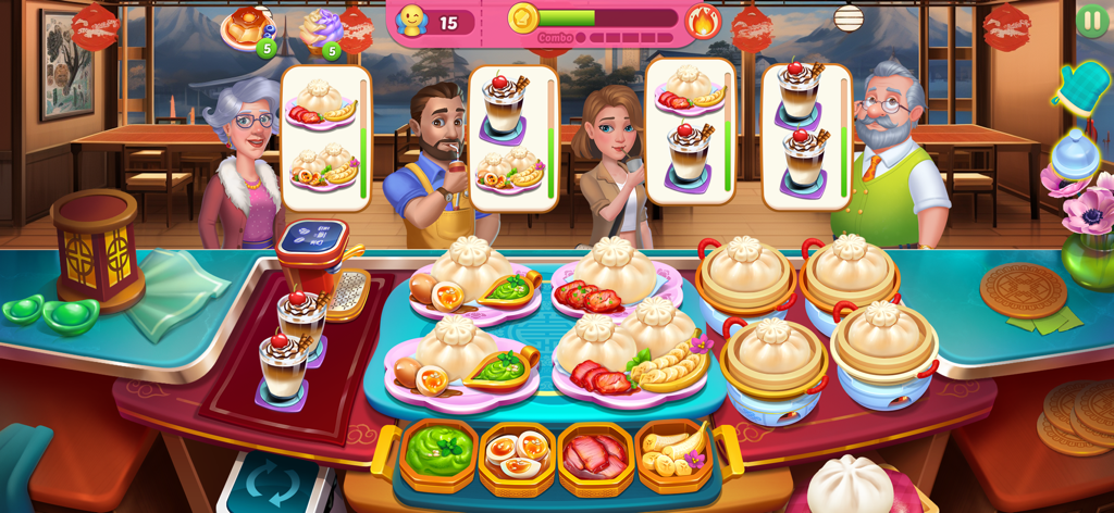 Chef Travel: Cooking Journey - Gameplay screenshot of Chef Travel Cooking Journey where the player serves dim sum and coffee to customers in a restaurant.