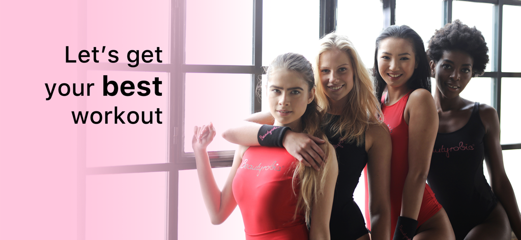 Women Workout ™ HIIT Exercise - Cuatro mujeres sonrientes con ropa deportiva con el texto "Hagamos tu mejor entrenamiento".