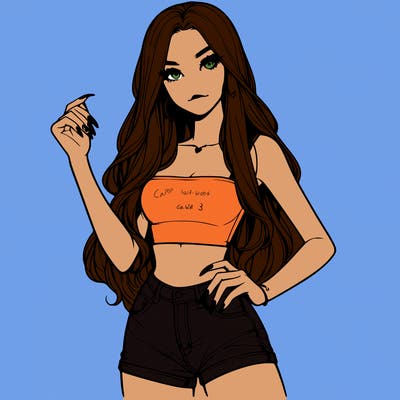 realistic pretty girl with long nails and wearing shorts and a crop top