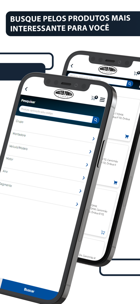 Master Power - Catálogo - Interface de pesquisa do aplicativo de catálogo Master Power Turbo com filtros para peças automotivas