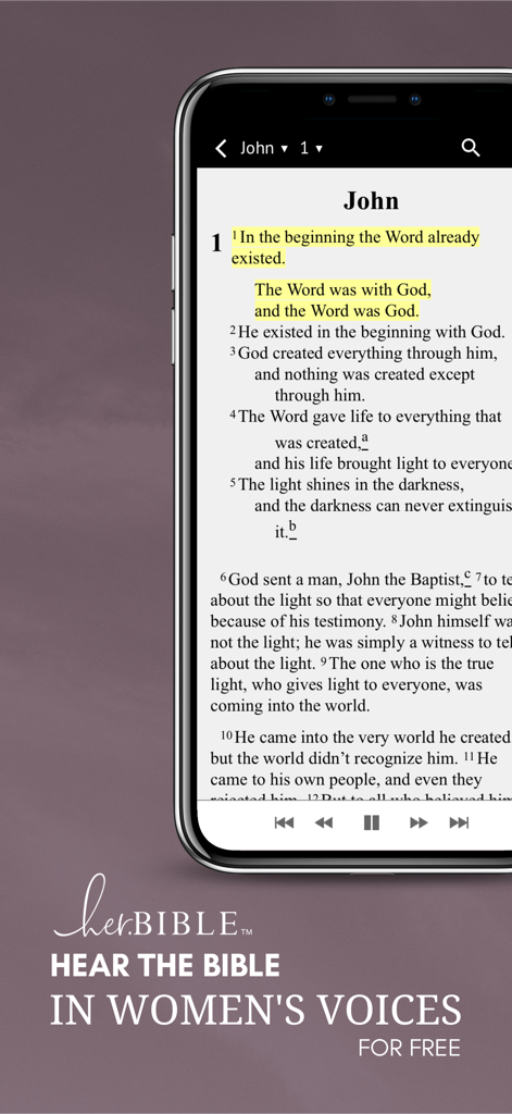 her.BIBLE Women's Audio Bible - The her.BIBLE app displaying scripture from the Book of John with audio controls