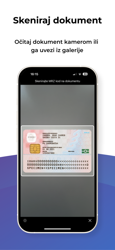 eCheckin - Écran de smartphone montrant l'application eCheckin scannant un document d'identité pour l'enregistrement des invités.