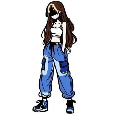 girl in baggy pants crop top and long hair
