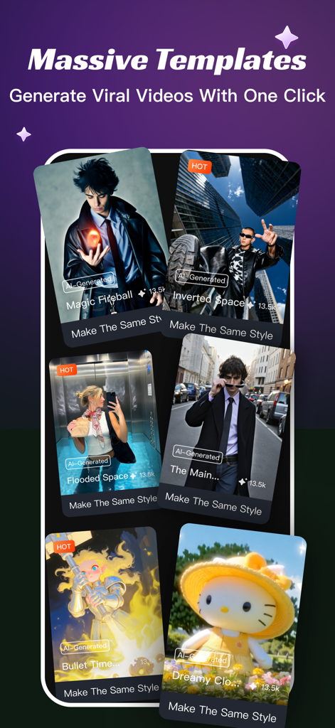 Interfaz de la aplicación SkyArt AI mostrando una variedad de plantillas de vídeo virales para creadores