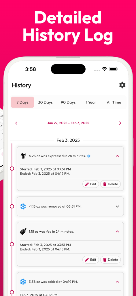 Registro de historial detallado en la aplicación Pumping Tracker que muestra la línea de tiempo de extracción de leche y alimentación.