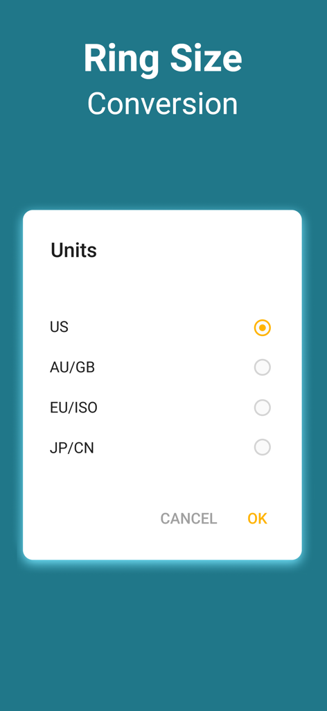 Ring Sizer & Tape Measure App - Pantalla de conversión de tallas de anillos mostrando opciones para unidades internacionales de EE. UU., AU, GB, UE, ISO, JP y CN.