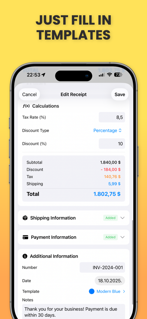 Editor de recibos móviles con cálculos automáticos de impuestos y descuentos