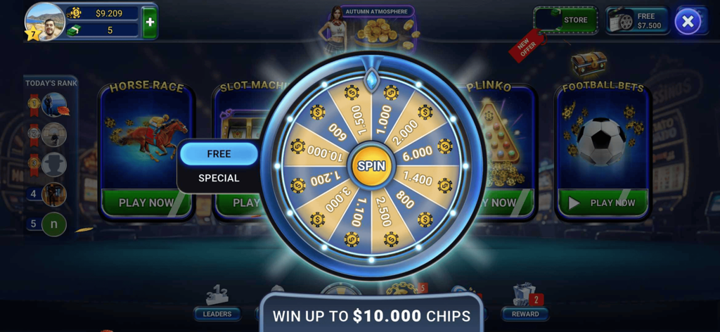 10000까지의 다양한 가상 칩 상품이 있는 일일 스핀 휠을 보여주는 플링코 온라인 모바일 앱의 메인 메뉴