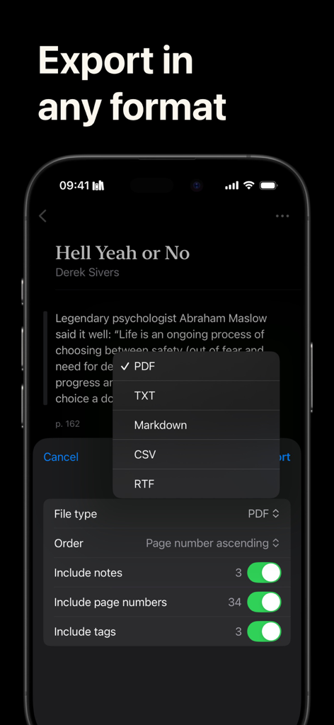 Interface showing options to export book highlights in PDF TXT Markdown CSV and RTF formats with customizable settings