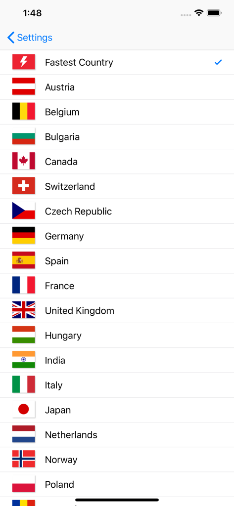 Psiphon Browser - List of available country server locations in Psiphon Browser settings