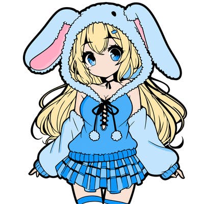 pretty anime girl wearing a fluffy hoodie with bunny ears on the hood and a skirt