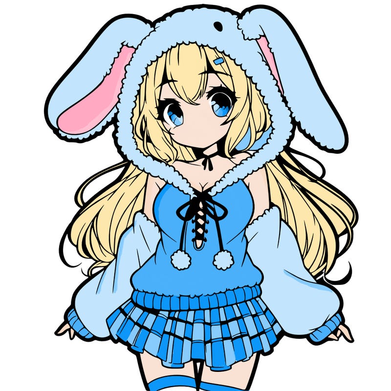 pretty anime girl wearing a fluffy hoodie with bunny ears on the hood and a skirt