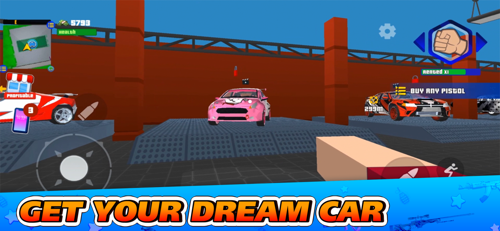 Gangs Wars City: Pixel Shooter - A car selection screen in Gangs Wars City showing blocky sports cars and game UI.