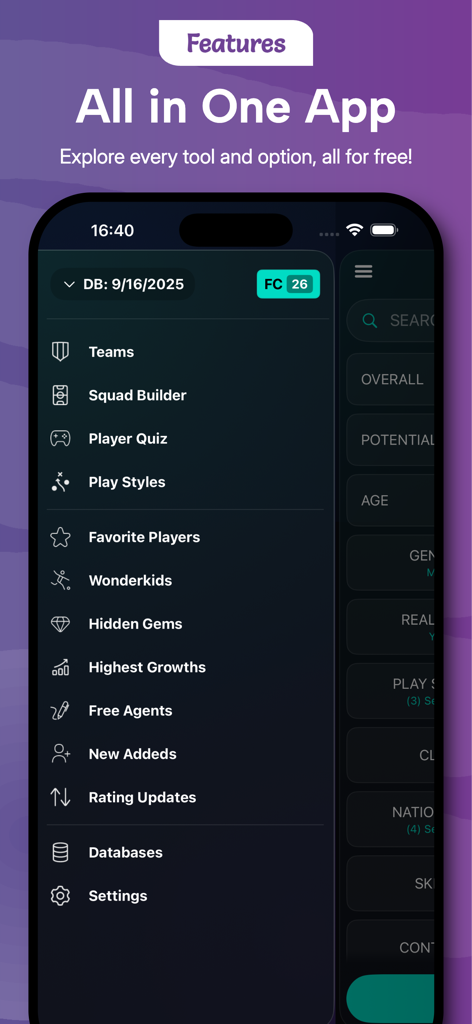 A mobile app menu listing features for FC 26 Career Mode including Squad Builder, Wonderkids, and Hidden Gems
