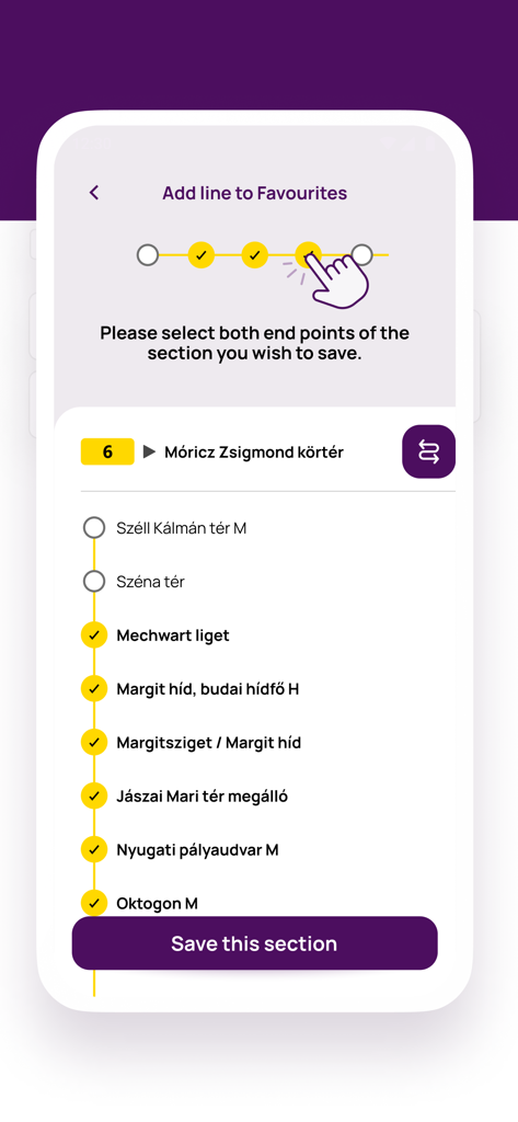 BudapestGO - Captura de pantalla de la aplicación BudapestGO que muestra el proceso de selección de un segmento específico de una línea de tranvía para guardarlo como favorito.