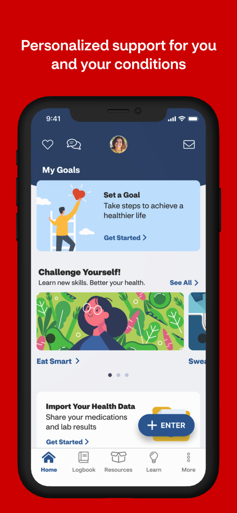 Health Optimizer by CVS Health app home screen showing personalized health goals and data tracking options