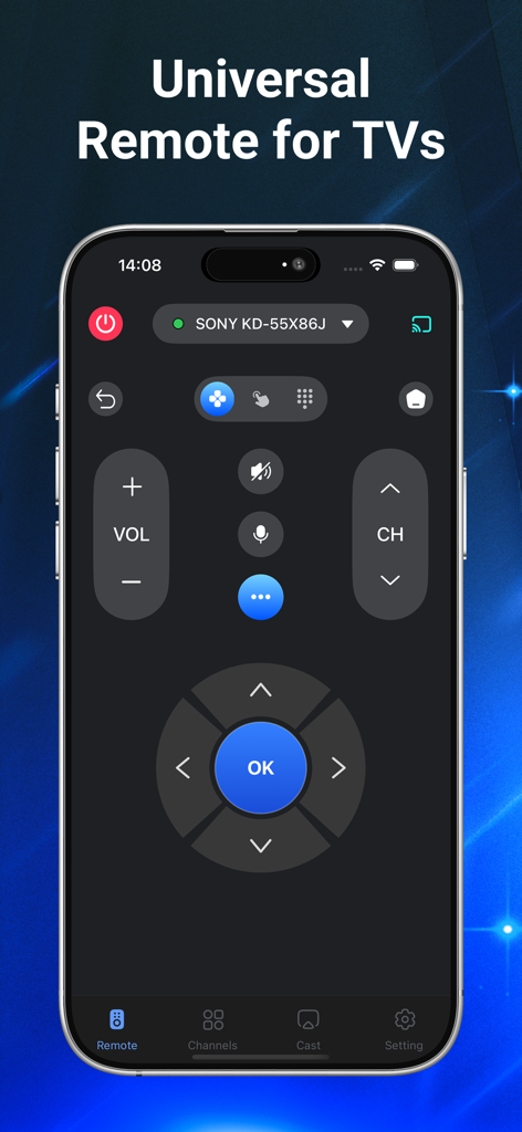 Remoto: Universal Remote TV - Smartphone screen displaying the Remoto app interface with universal TV control buttons and a SONY TV connected
