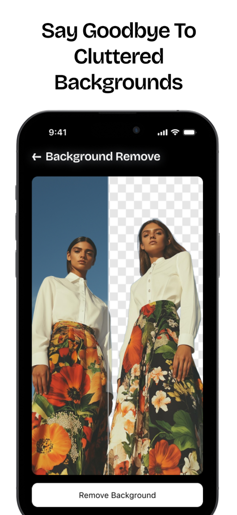 Image Upscaler - AI Upscale - AIを使用して散らかった背景を削除した写真の前後比較を表示するスマートフォンのアプリ画面