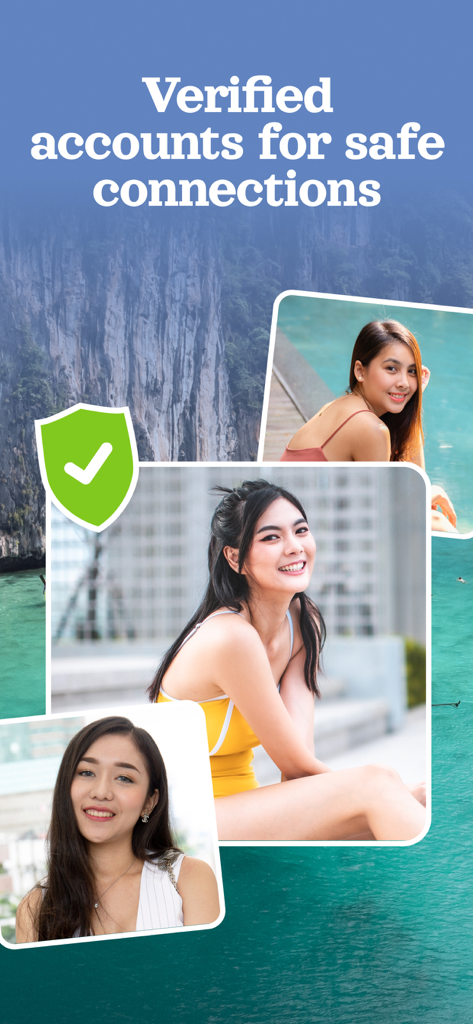 Capture d'écran de l'application ThaiCupid montrant des profils vérifiés de femmes thaïlandaises avec une icône de badge de sécurité verte