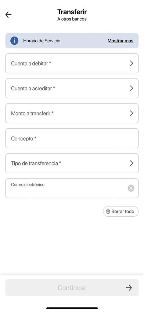 Interface of the Motor Crédito app showing a form for transferring funds to other banks