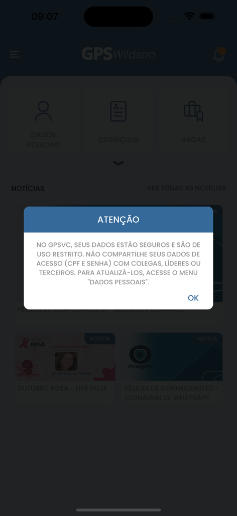 GPSvc - Aviso de segurança pop-up na tela inicial do aplicativo móvel GPSvc sobre proteção de dados pessoais