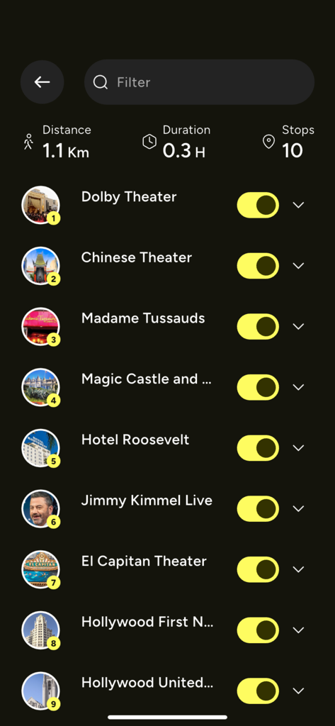 A list of iconic Hollywood tour stops and itinerary details in the BYG TOURS app