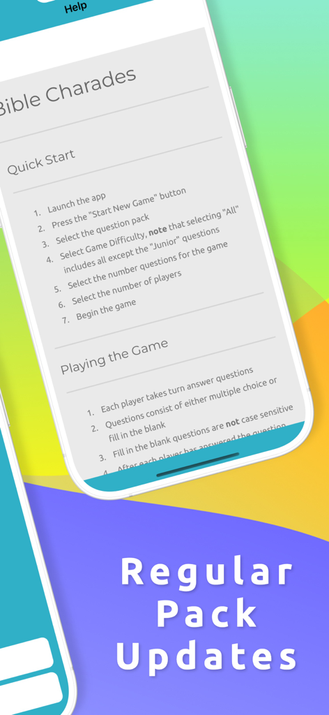 Bible Charades - Heads Up Game - Bible Charades app screen showing game instructions and regular pack updates
