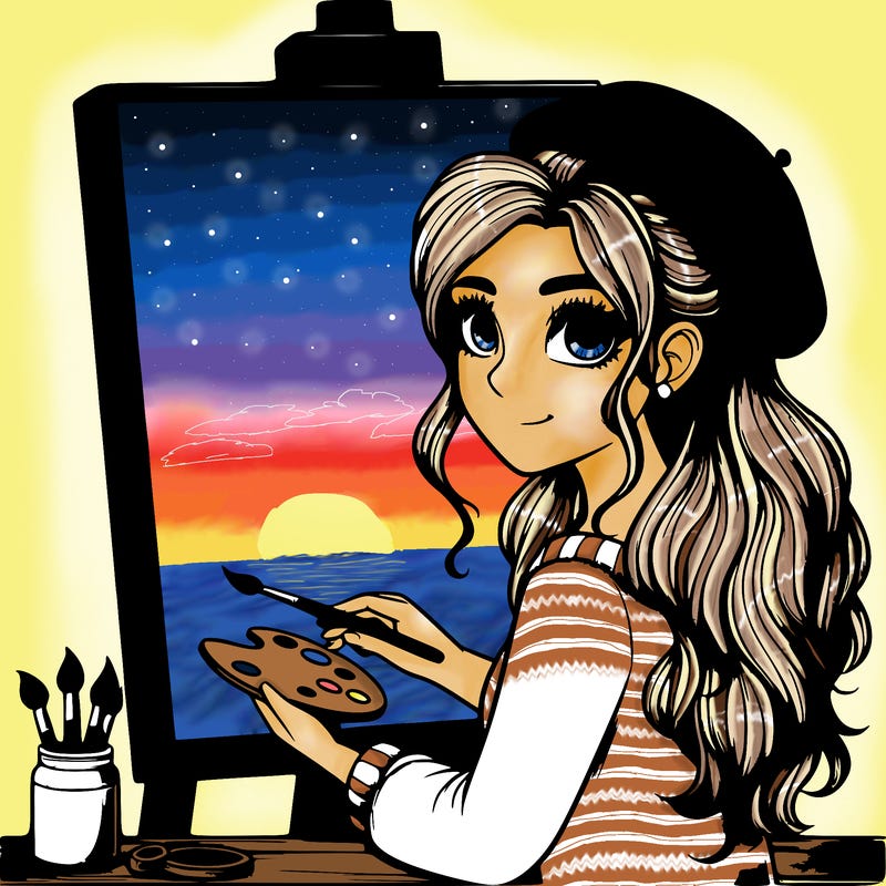 realistic girl artist painting a blank canvas