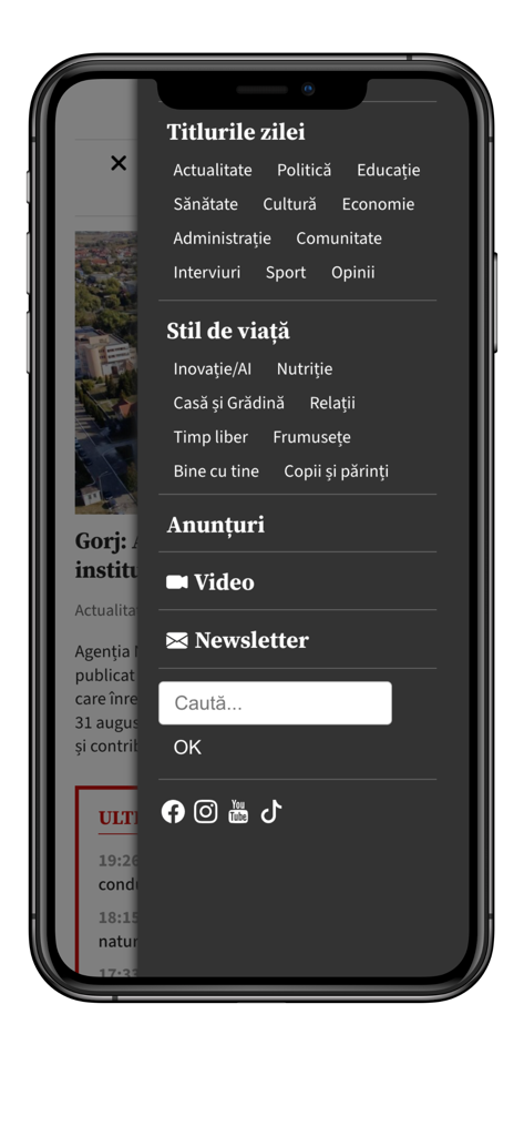 Navigation menu of the Pandurul news app displaying various content categories in Romanian