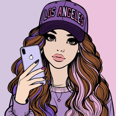 realistic beautiful girl wearing los ángeles cap holding an iphone