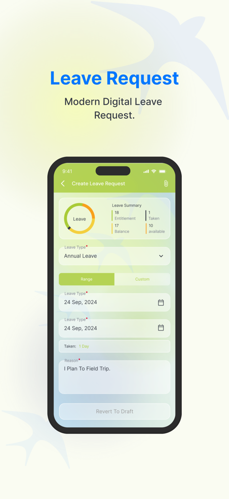 Wing Digital - Mobile interface of Wing Digital app showing a digital leave request form with annual leave details