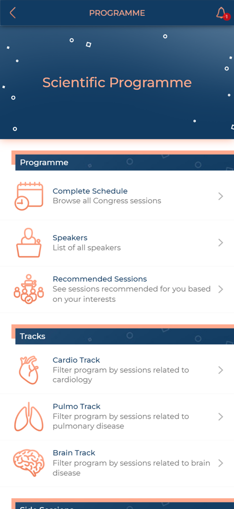 KENES Congresses - Una schermata mobile che mostra il Programma Scientifico dell'app KENES Congressi con opzioni di calendario e percorsi medici per cardio, polmoni e cervello.