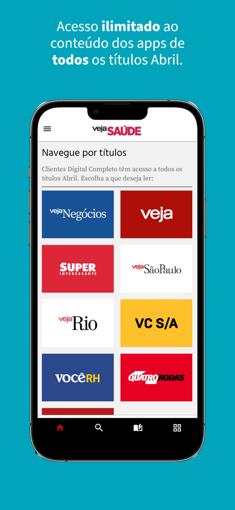 A smartphone screen displaying the Veja Saude app interface with a list of available Abril magazine titles like Veja and Superinteressante.