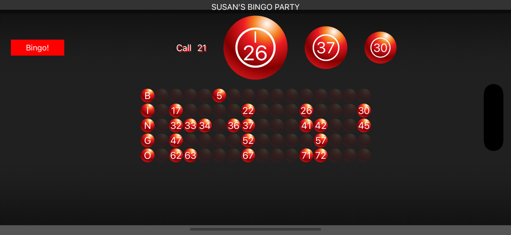 A digital bingo caller screen displaying current and previous drawn numbers on a board