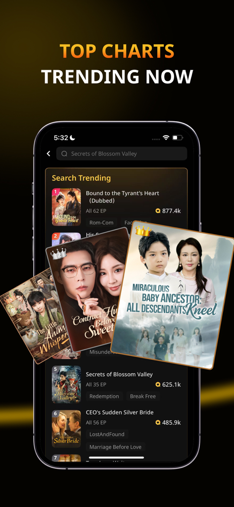 FlickReels - Popular Drama Hub - Uno schermo di smartphone che mostra le classifiche dei drammi brevi di tendenza sull'app FlickReels.
