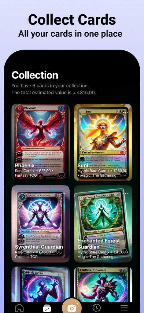 TCG & Sports Card Scanner - A digital collection dashboard in the TCG and Sports Card Scanner app showing various cards with their estimated market values.