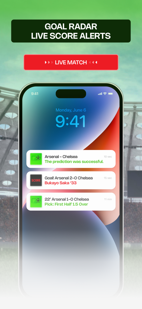 GoalGPT - iPhone lock screen showing live soccer score updates and AI prediction alerts for a match between Arsenal and Chelsea