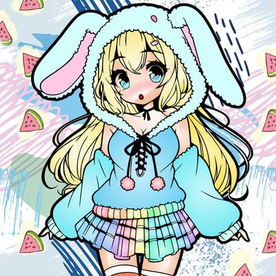 pretty anime girl wearing a fluffy hoodie with bunny ears on the hood and a skirt