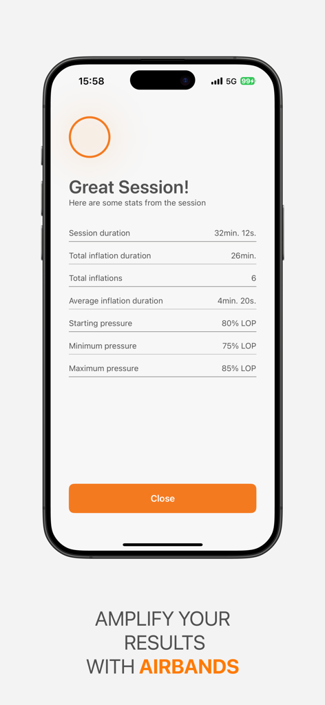 AirBands app screen displaying a post-workout summary with session duration and blood flow restriction inflation statistics.
