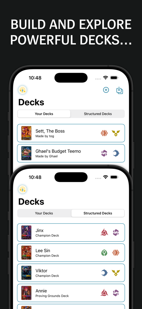 Riftbound Companion app interface showing lists of user-created and structured decks for the trading card game.