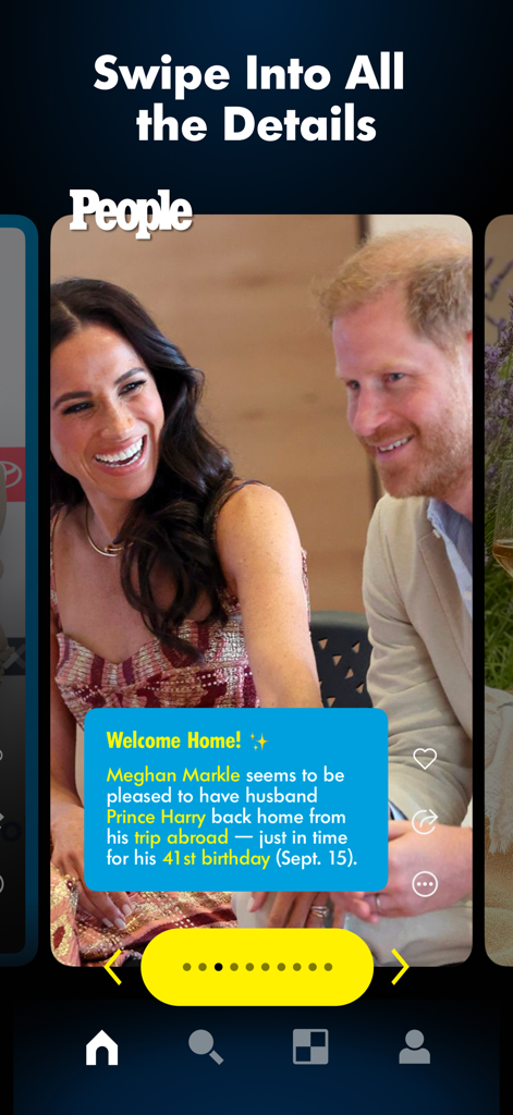 PEOPLE: Pop Culture & Puzzles - Interface of the PEOPLE app showing a celebrity news story about Meghan Markle and Prince Harry with a swiping feature.