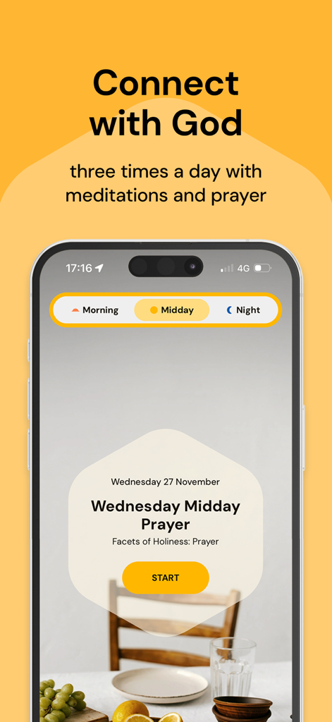 Lectio 365: Daily Bible Prayer - Lectio 365 app interface showing a midday prayer screen on a mobile phone with a yellow background
