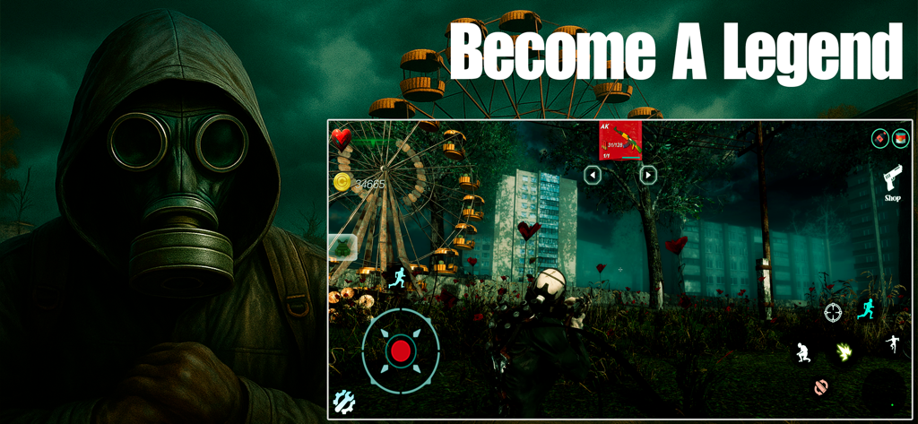 Chernobyl Legacy: Mutant Agent - 체르노빌 레거시 돌연변이 요원의 가스 마스크 캐릭터와 게임 플레이 장면.