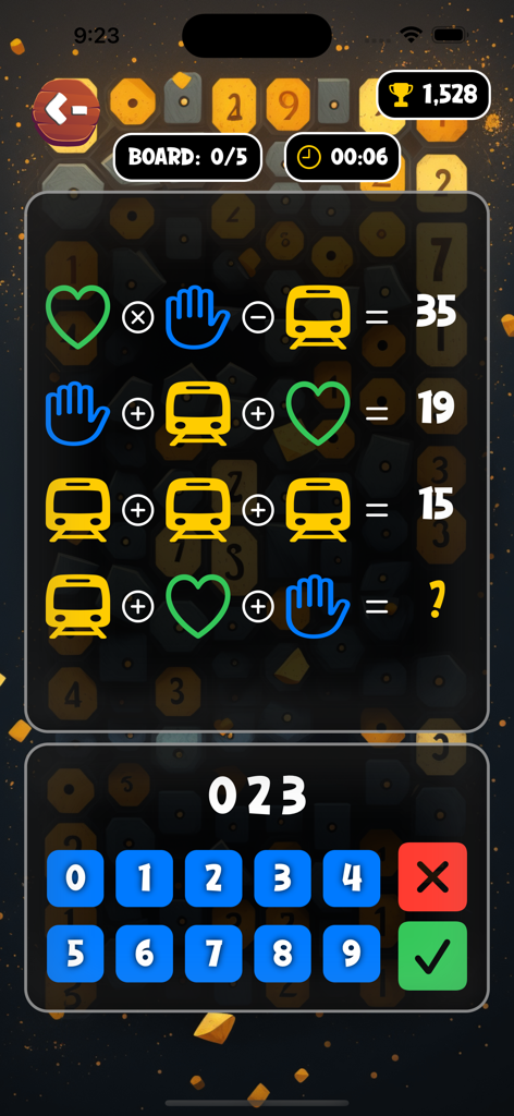 Brain Quiz Master - A visual math logic puzzle in Brain Quiz Master featuring colorful icon equations and a number keypad.