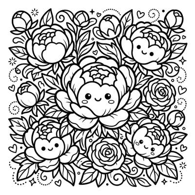 Dive into a garden of joy with this charming Kawaii Coral Peonies coloring page. Experience the delightful blend of beautiful flowers and adorable, Japanese-inspired cuteness perfect for all ages.
