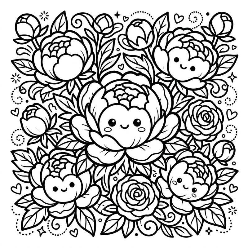 Dive into a garden of joy with this charming Kawaii Coral Peonies coloring page. Experience the delightful blend of beautiful flowers and adorable, Japanese-inspired cuteness perfect for all ages.