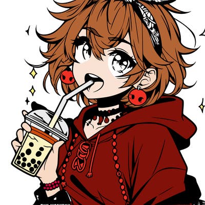 hot baddie anime girl drinking boba and biting the straw