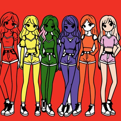 a group of girls wearing crop tops and shorts