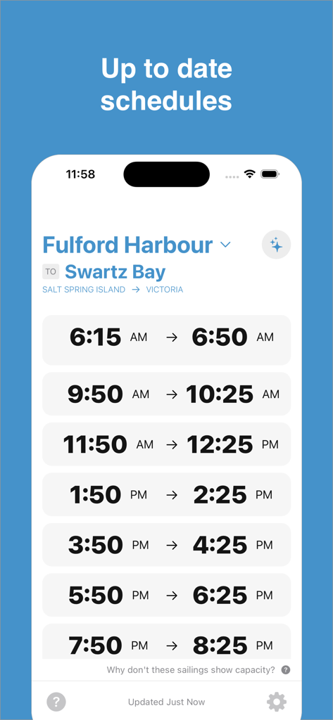 BC Ferry Times app displaying up to date schedules for the Fulford Harbour to Swartz Bay route.