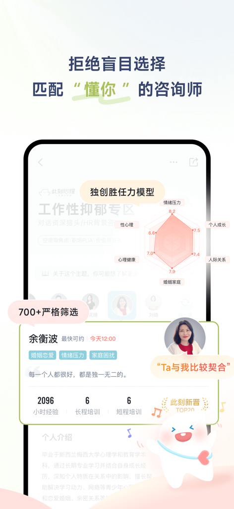 此刻心理-年轻人首选的心理咨询平台 - Una pantalla de aplicación móvil mostrando el perfil de un terapeuta y un gráfico de radar para emparejar personalidad y necesidades